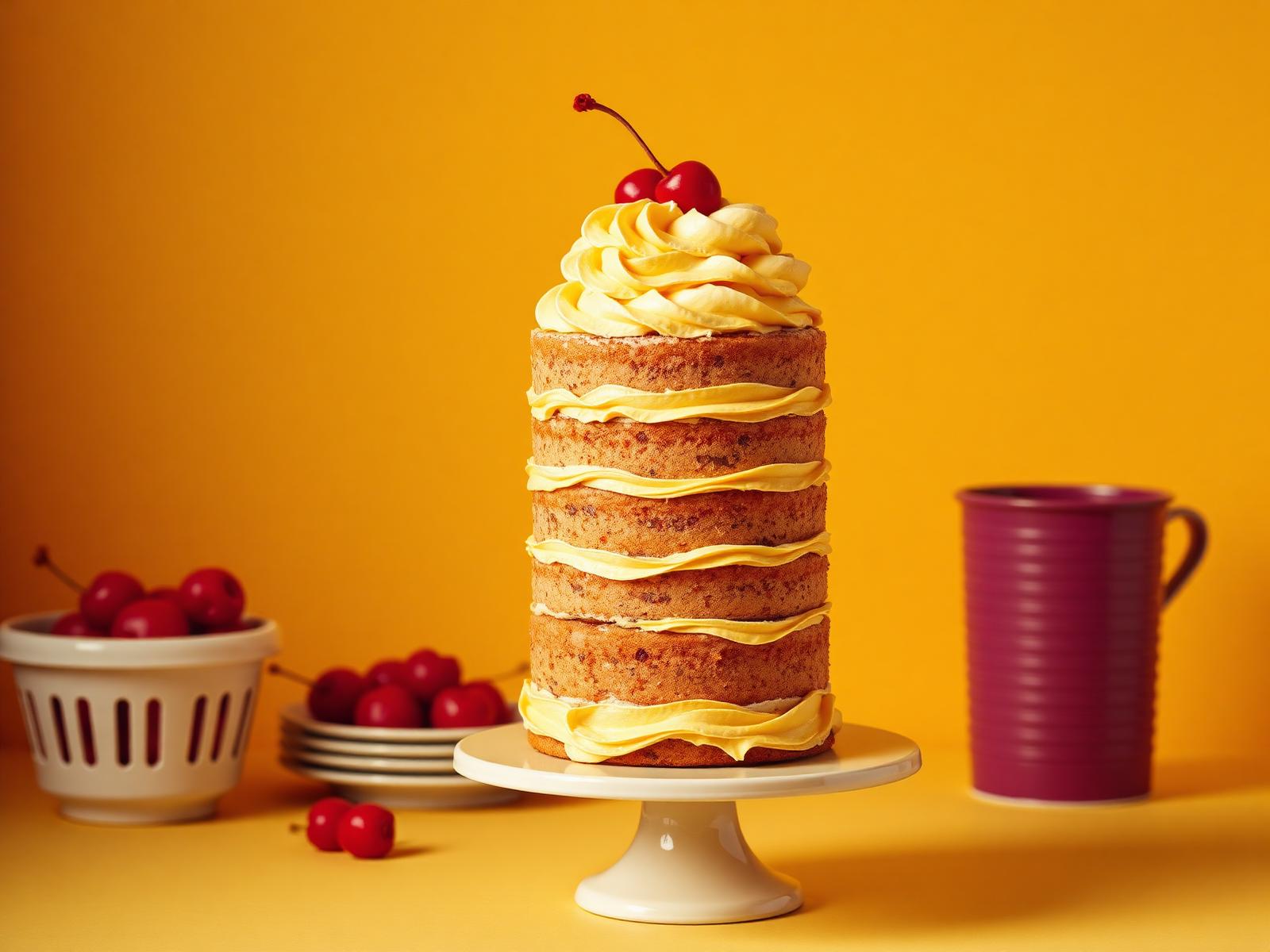 Tall retro sponge cake with butter-yellow buttercream and cherries on a cream cake stand